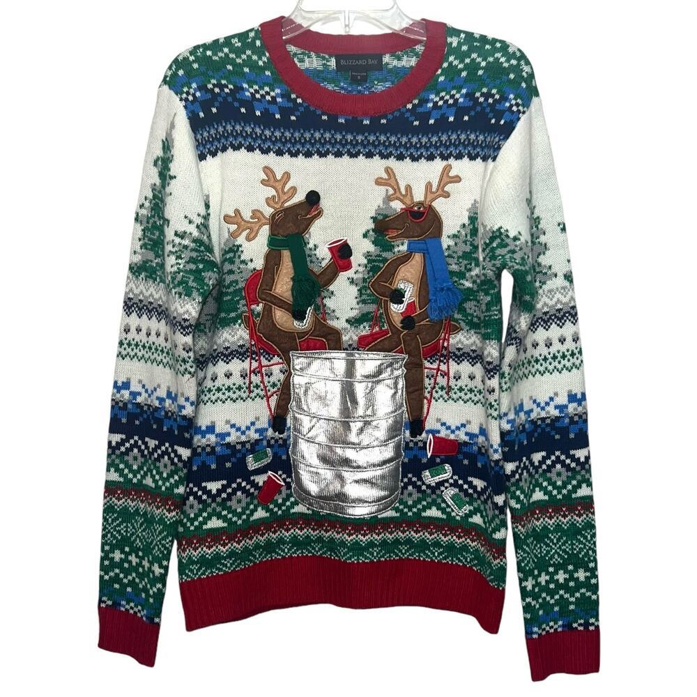 Unisex Blizzard Bay Ugly Christmas Sweater With Reindeers and Bottle Holder SM